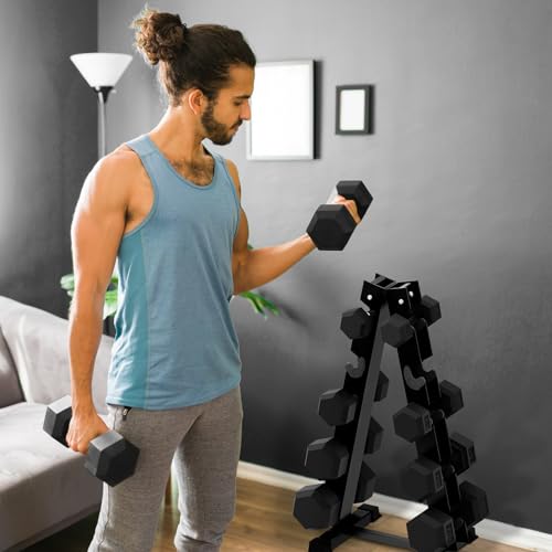 Rubber Hex Dumbbells Set with Optional Dumbbell Rack C43878