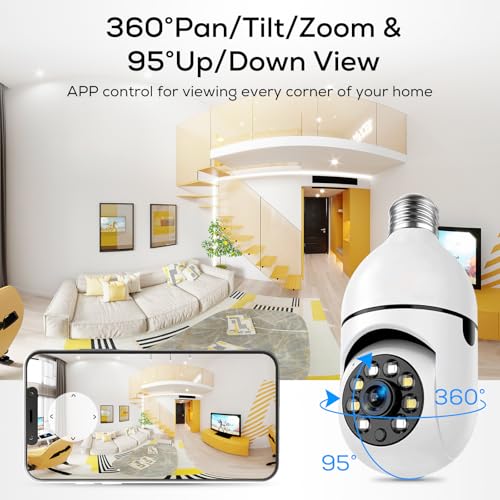 Light Bulb Security Camera, 360° WiFi Wireless Outdoor Indoor Color Night Vision, Auto Tracking Smart Alarm, 2-Way Talk, Porch Light Socket Camera E96439