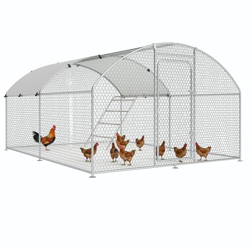Large Metal Chicken Coop Walk-in Poultry Cage with Waterproof and UV-Resistant Cover, Outdoor Chicken Run Poultry Hen House, Spire Roof (10’ W x 13.2’ L x 6.4’ H) B65982