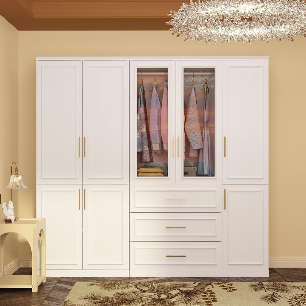 White 8 Door Wooden Wardrobe Armoire with Drawers and Hanging Rods W479