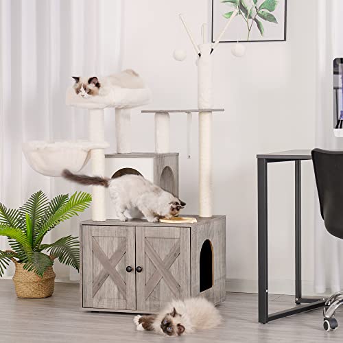 Rustic Brown Cat Tree with Litter Box Enclosure R715