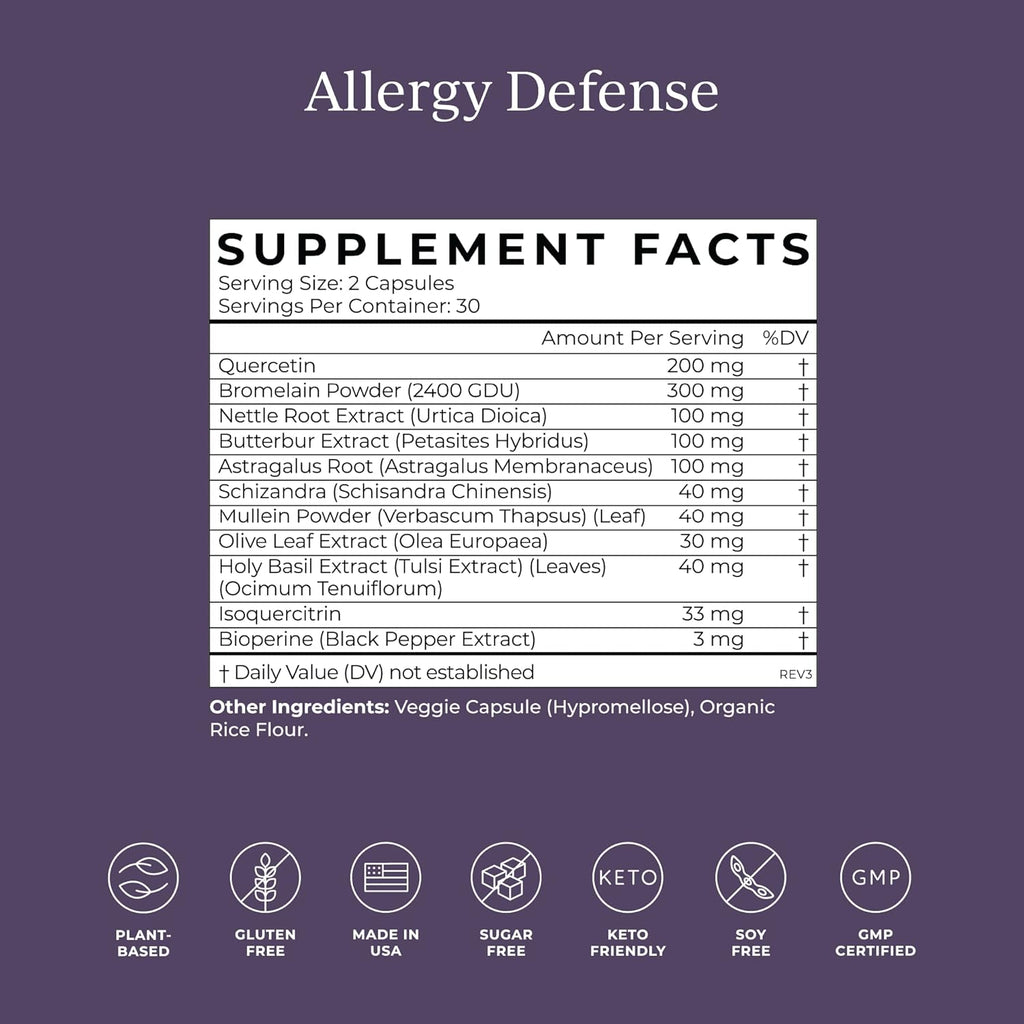 Allergy Supplement with Quercetin 200mg, Bromelain 300mg, 60 Capsules U157963