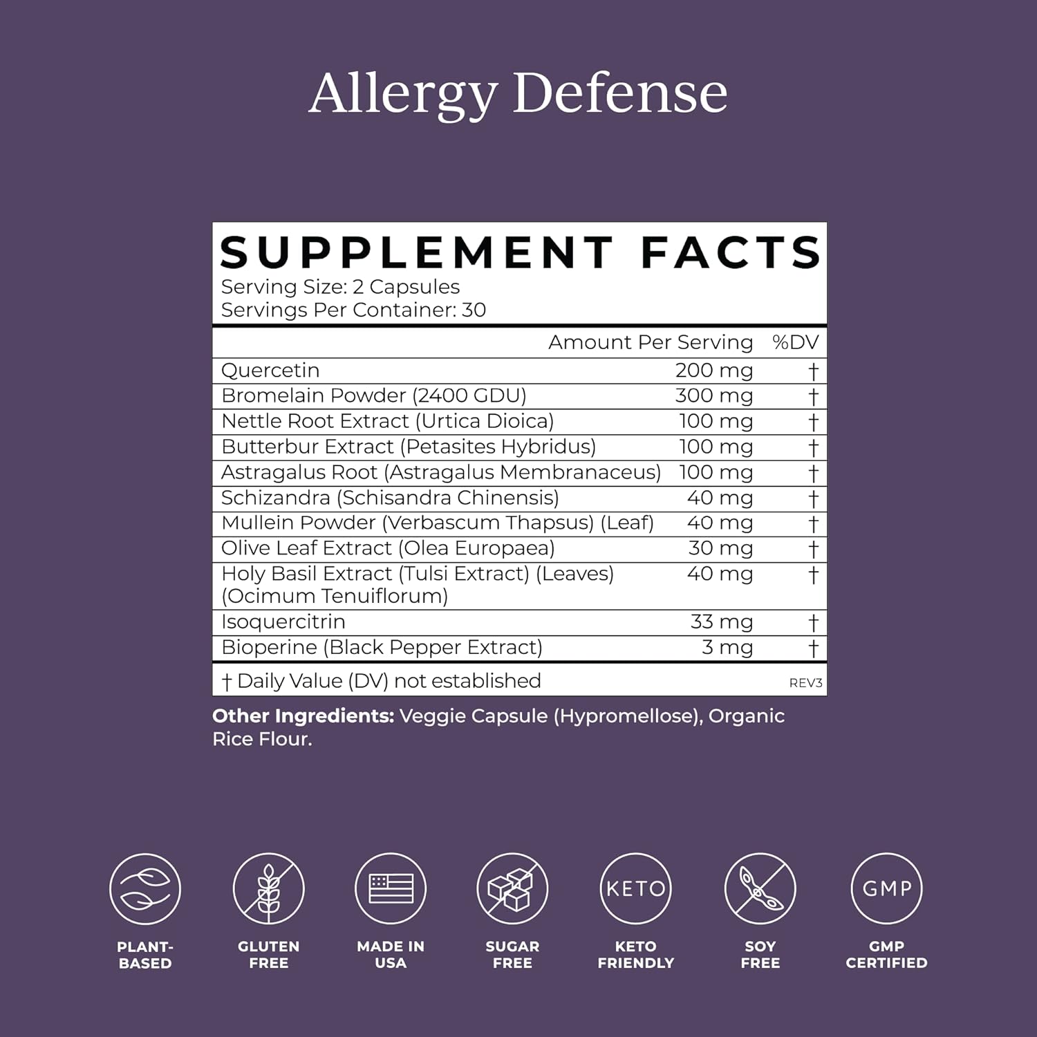 Allergy Supplement with Quercetin 200mg, Bromelain 300mg, 60 Capsules U157963