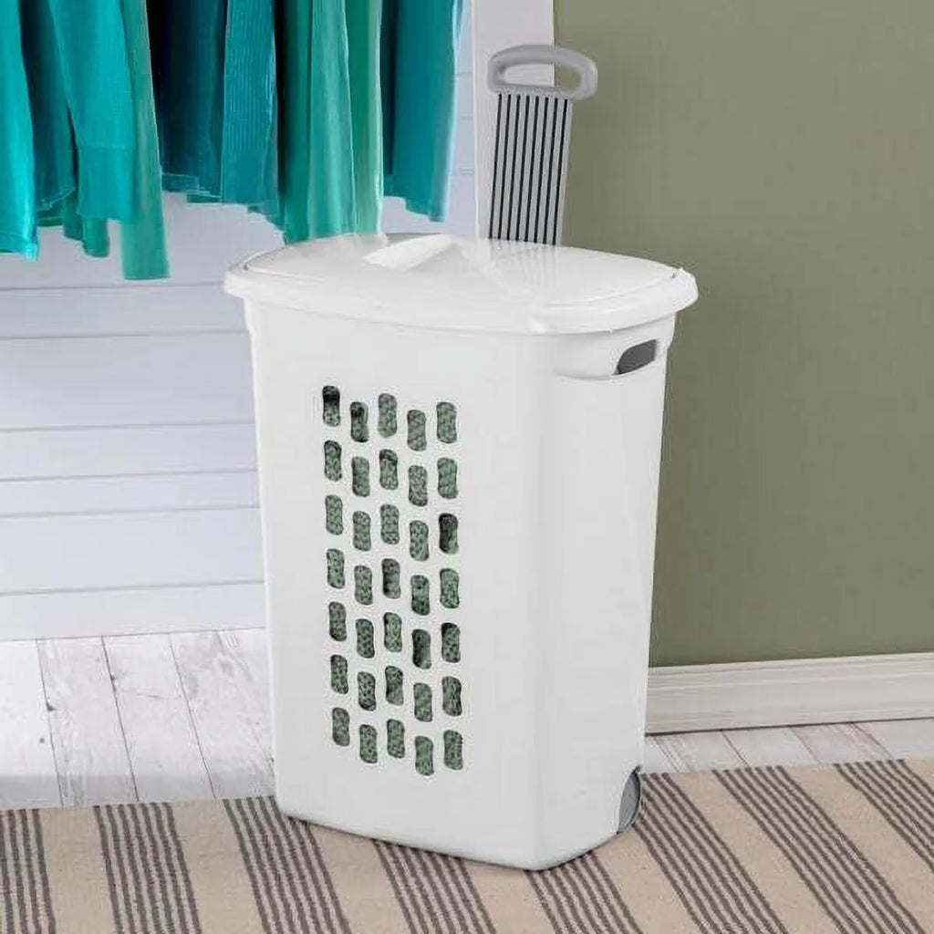 White Wheeled Laundry Hamper with Retractable Handle and Lid Z16409