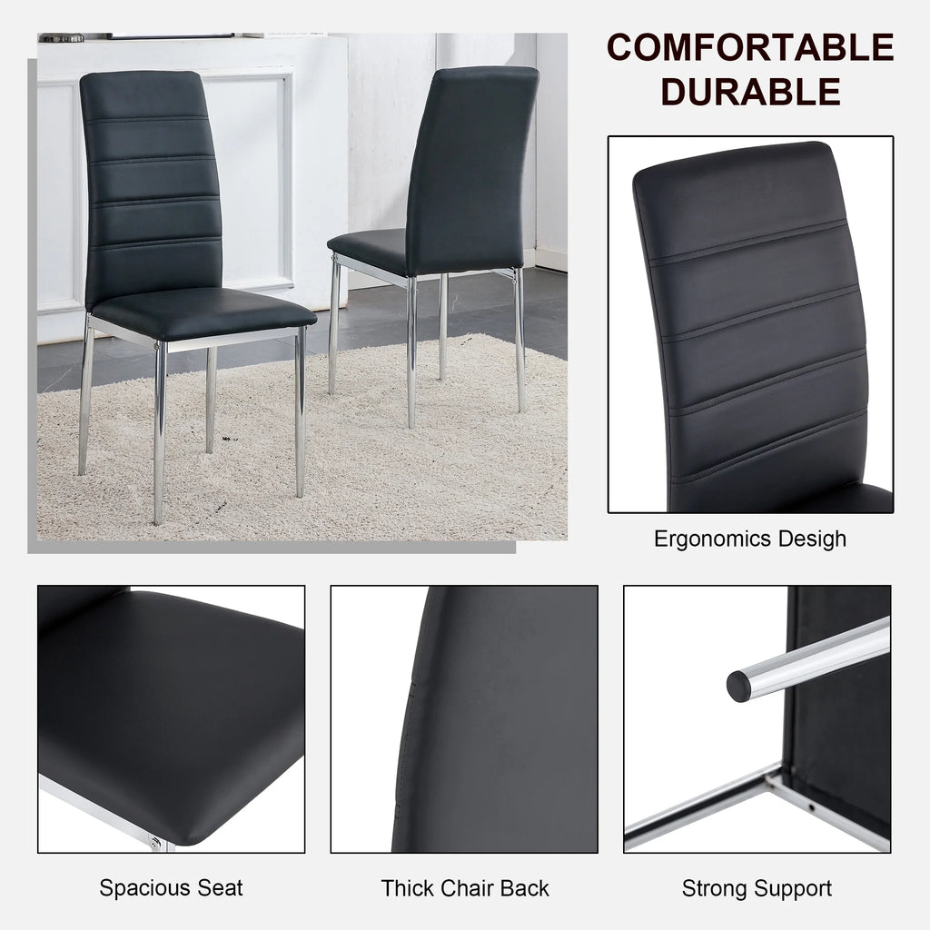 5 Piece Glass Dining Table Set with 4 Black PU Leather Chairs and Metal Legs C3601