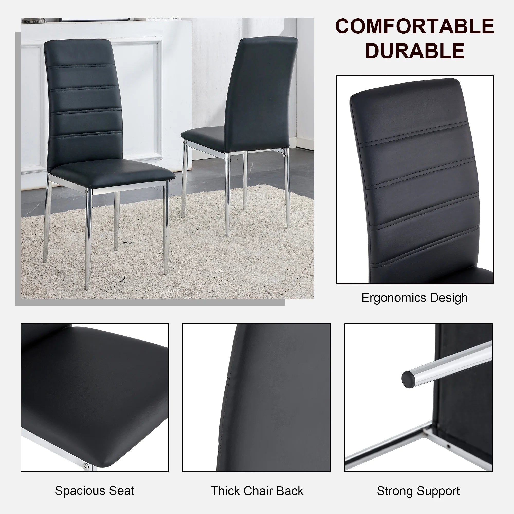 5 Piece Glass Dining Table Set with 4 Black PU Leather Chairs and Metal Legs C3601