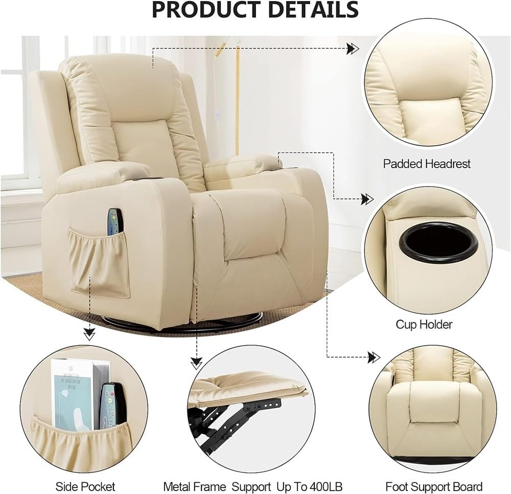 Cream PU Leather Recliner Chair with Heated Massage Z5754