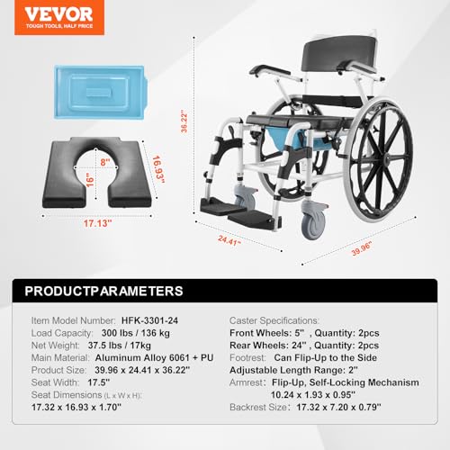 Aluminum Alloy Shower Wheelchair, 17.5in Width, 300 lbs Capacity U2264