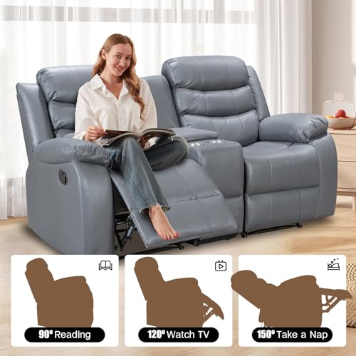 Grey Manual Double Recliner Sofa with Cup Holder L7630
