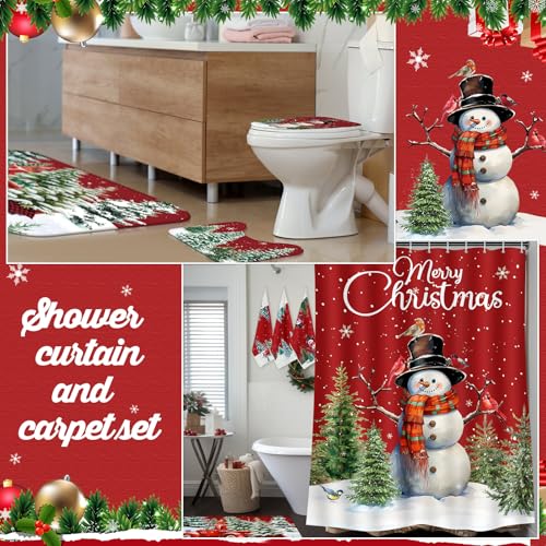 7 Pcs Christmas Shower Curtain Set Non Slip Waterproof Bathroom Accessories L914