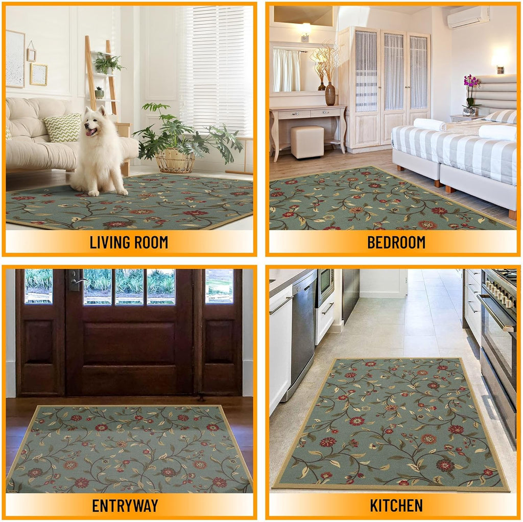 5x7 Seafoam Green Non-Slip Rubberback Traditional Area Rug M10034