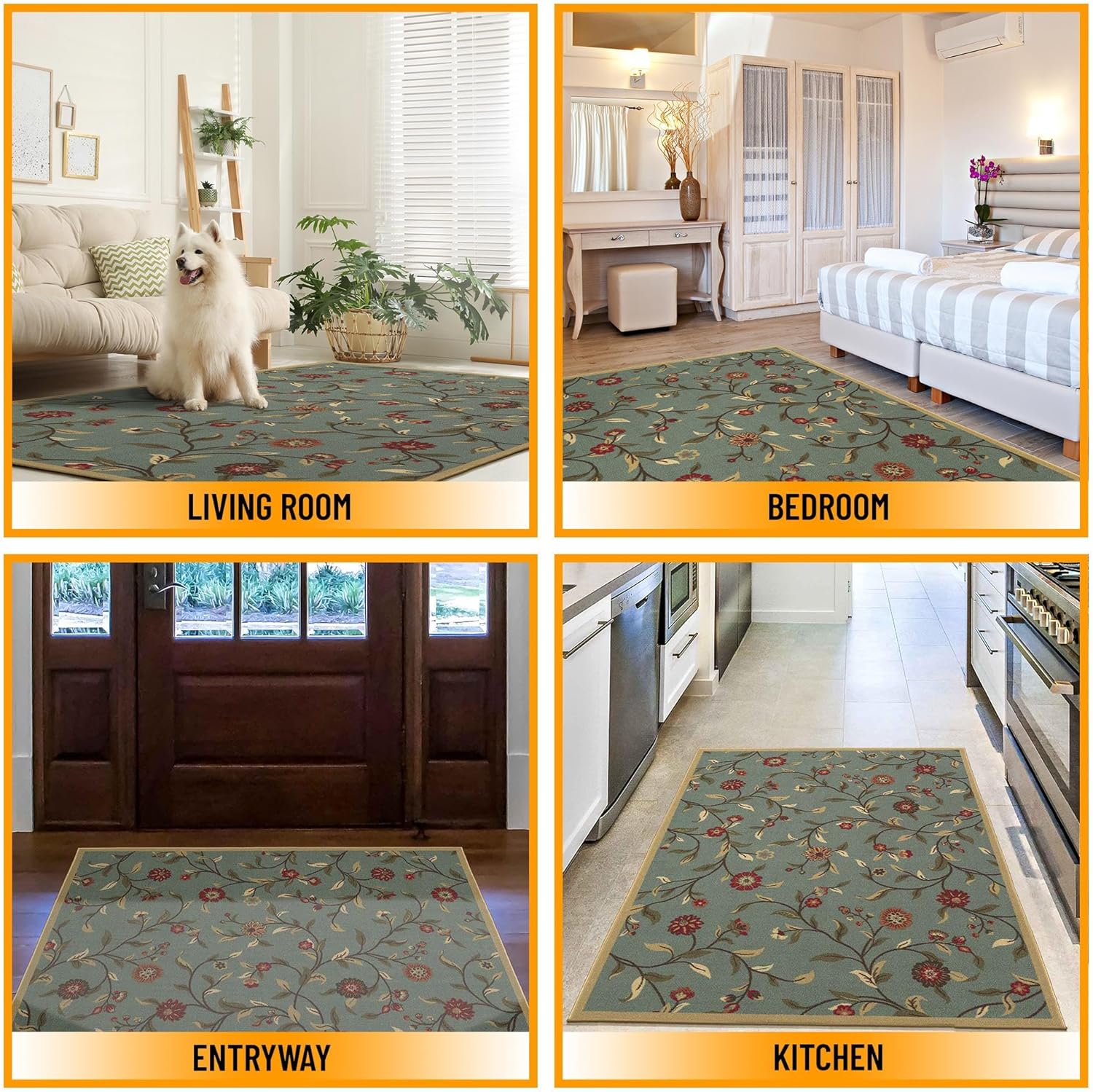 5x7 Seafoam Green Non-Slip Rubberback Traditional Area Rug M10034