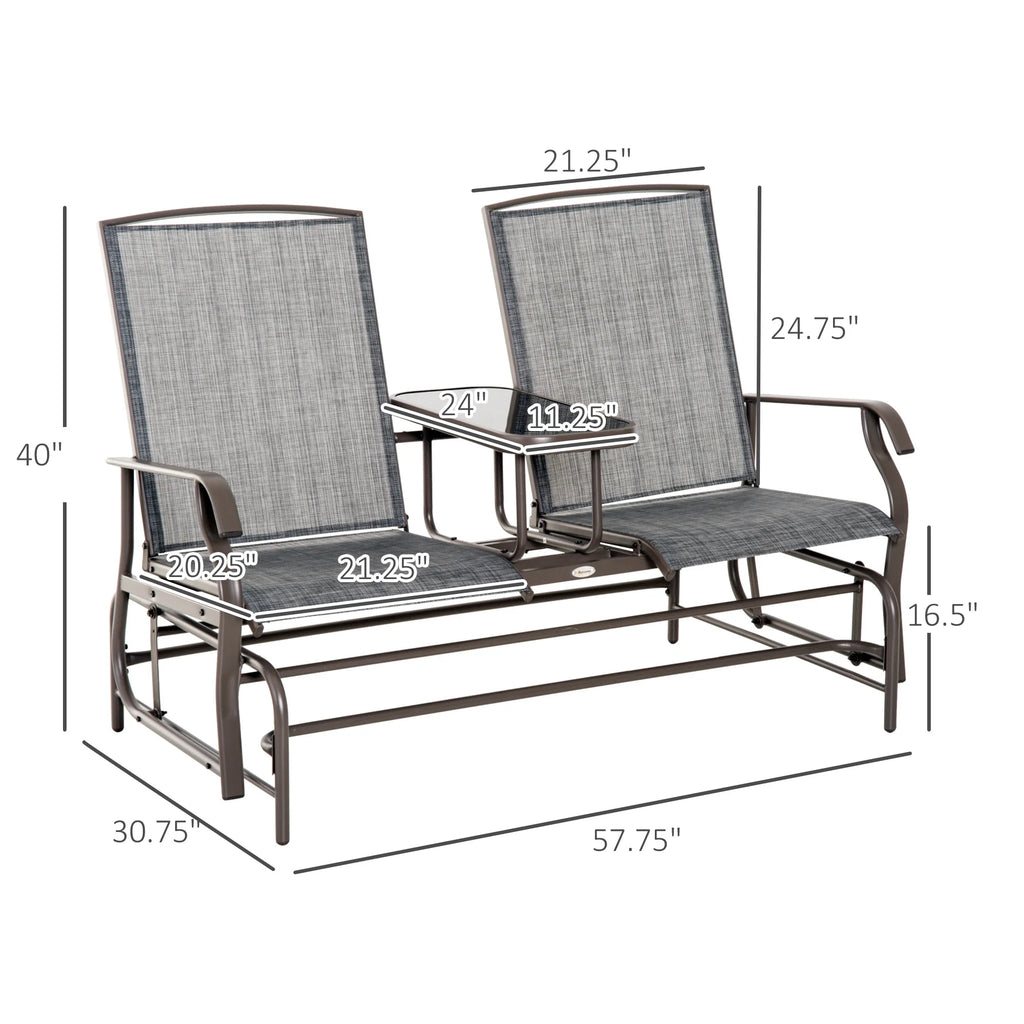 Gray Metal Frame Outdoor Glider Bench with Center Table H228018