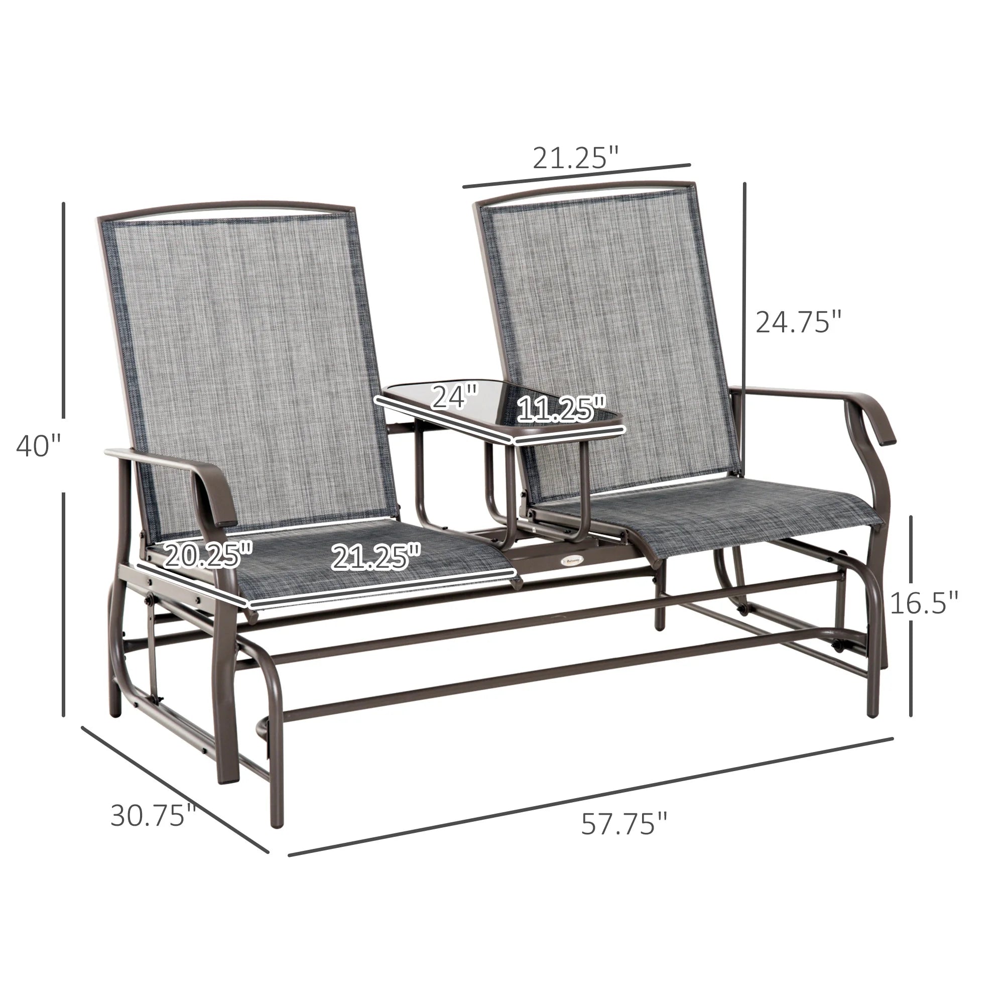 Gray Metal Frame Outdoor Glider Bench with Center Table H228018