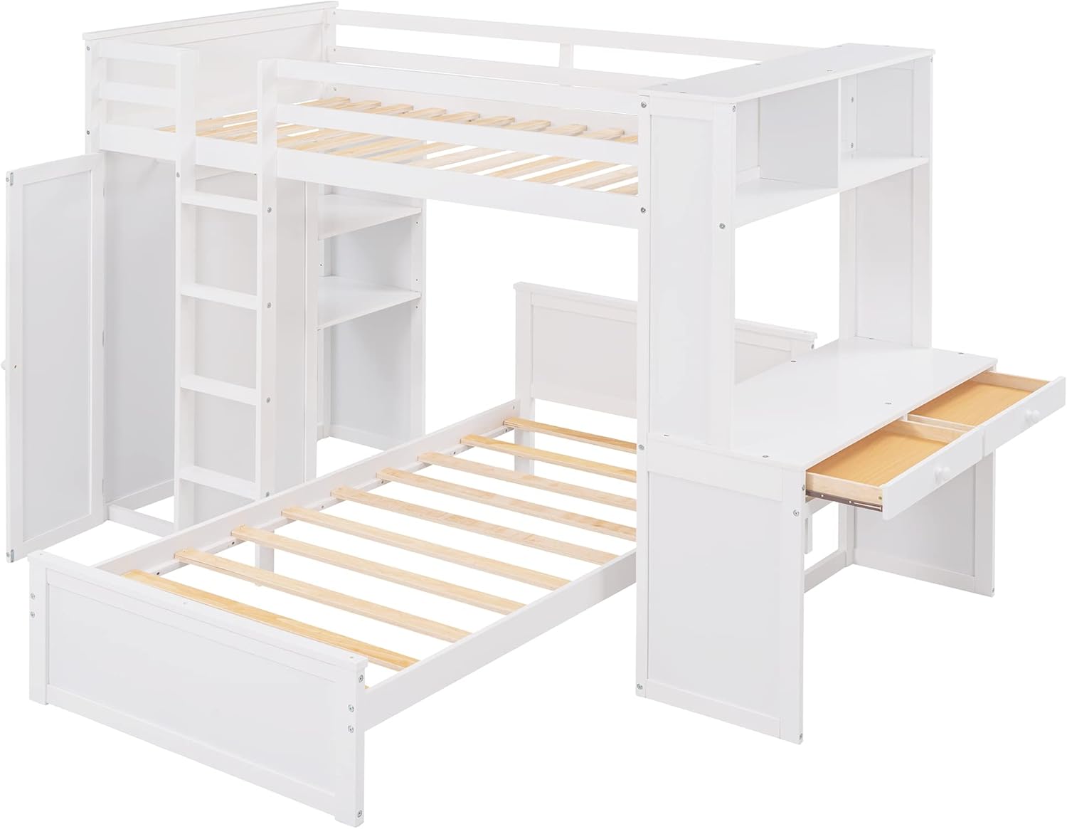 White Twin Wooden Bunk Loft Bed with Shelves Desk and Wardrobe M64287