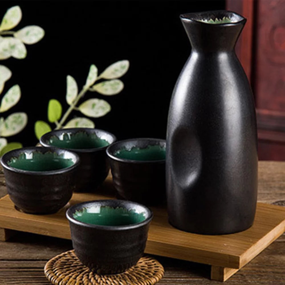 5-Piece Porcelain Ceramic Sake Set with Bottle and 4 Cups Glossy Black O708915