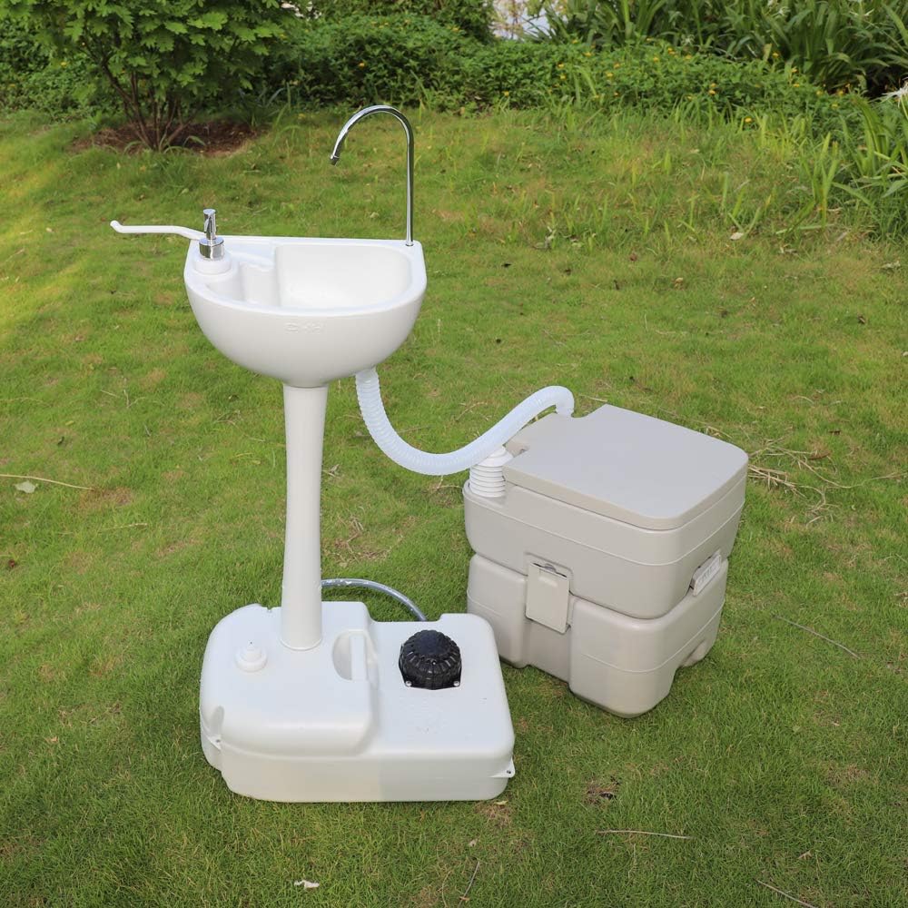 Portable Sink and Toilet Combo, 5 Gal Hand Washing Station & 5.3 Gal Flushing Toilet, Detachable E685181