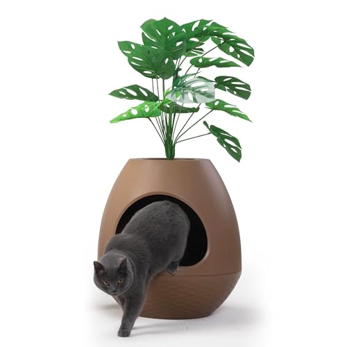 Grey Extra Large Hidden Litter Box Enclosure with Artificial Plants V320162
