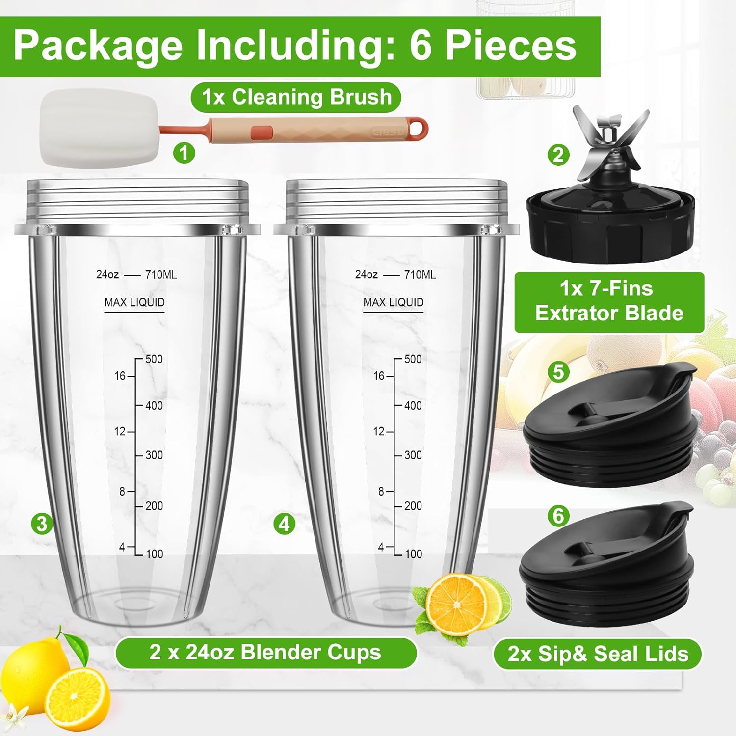 2 24oz Blender Cups with To-Go Lids and 7-Fins Extractor Blade H1507