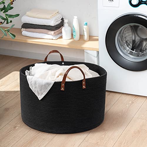 Large Woven Storage Basket with Leather Handles, 22 x 14 inches, Dark Gray K6151