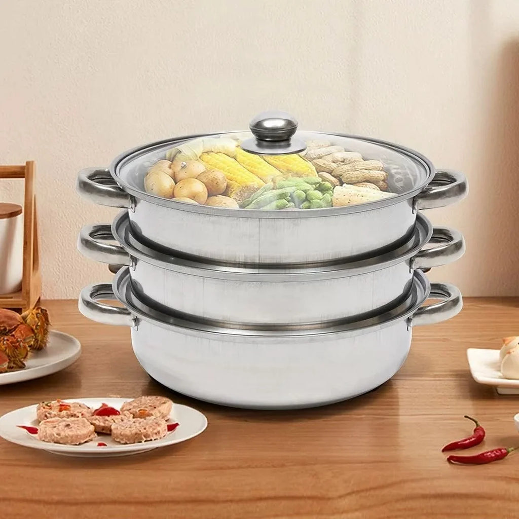 3 Tiers Stainless Steel Steaming Pot with Glass Lid T133784