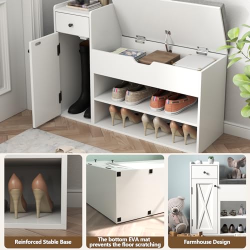2-Tier Shoe Storage Bench with Sliding Barn Door Storage Cabinets & Removable Seat Cushion S223