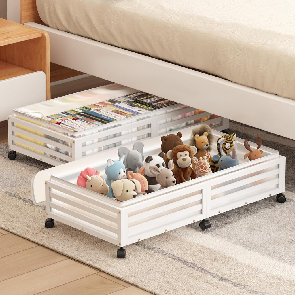 2 Pcs White Bamboo Wood Rolling Storage Bins With Wheels W61393