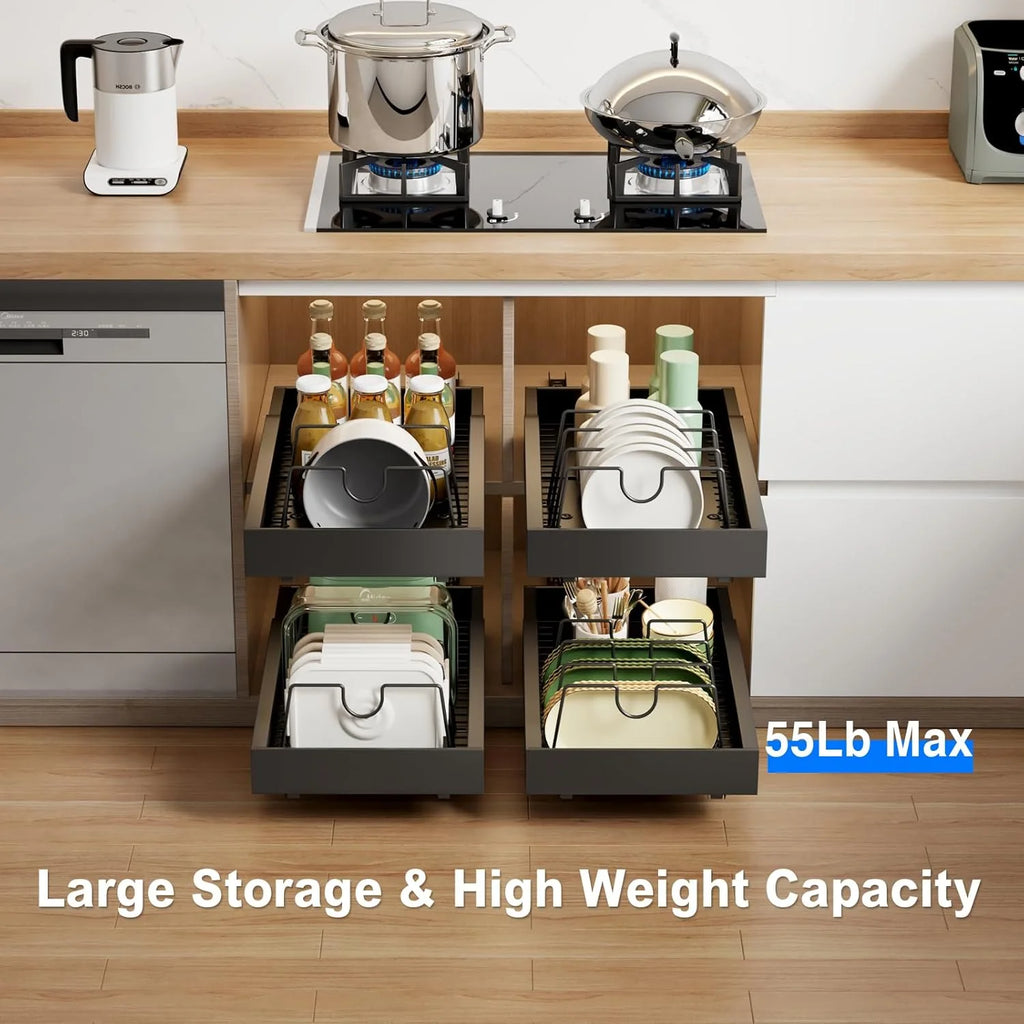 2 Pack Pull Out Cabinet Organizer, Slide Out Drawers, Heavy Duty Shelves, Black B48395