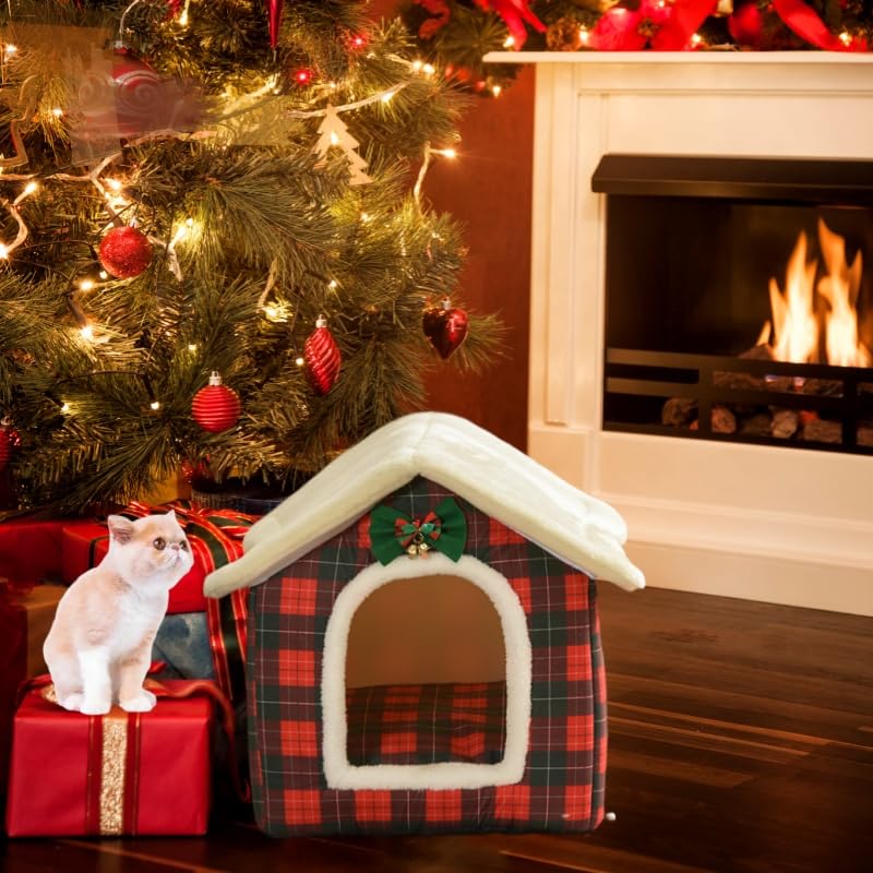 Plaid Cat Bed Cave with Removable Cushion E5647