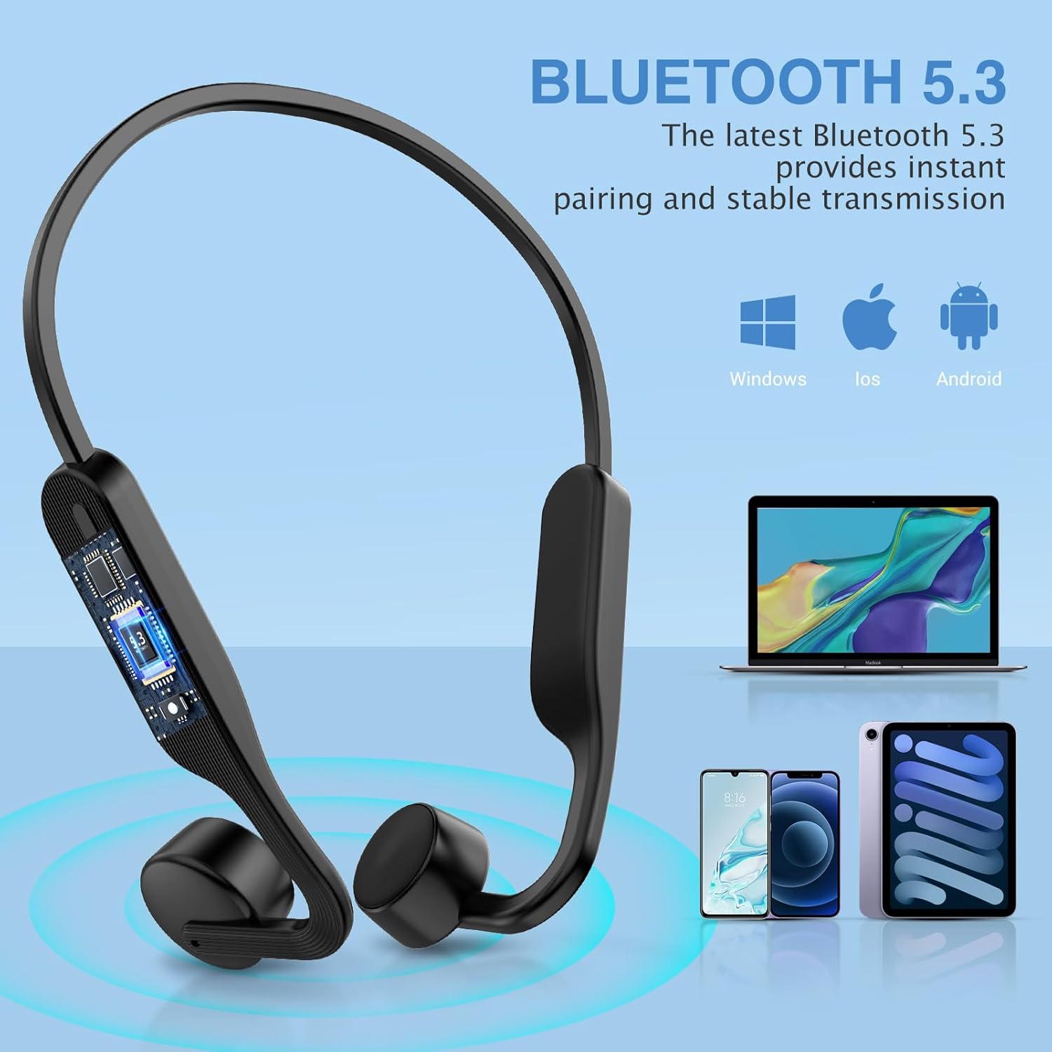 Bone Conduction Wireless Bluetooth 5.3 Open Ear Headphones with Mic, IPX6 Waterproof Q772425