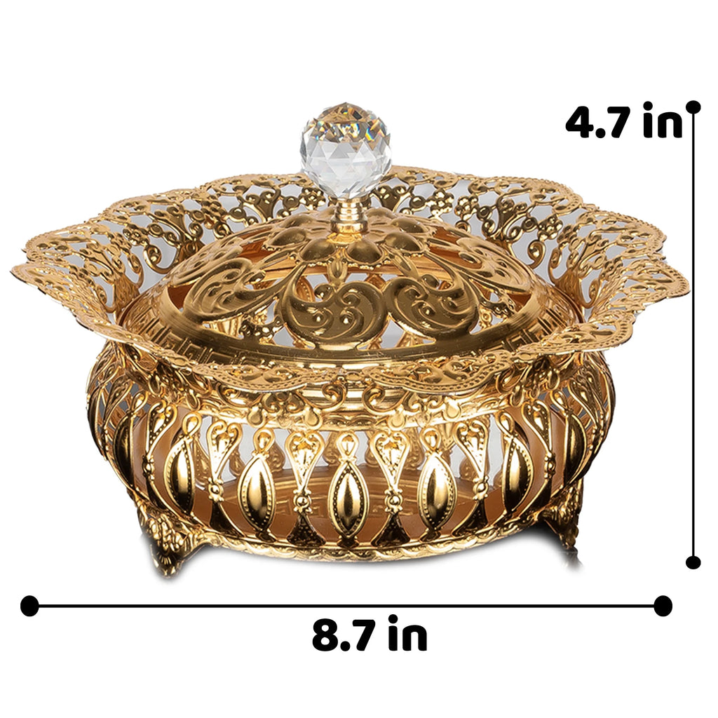 Sugar Serving Bowl with Lid and Crystal Top, Stainless Metal Candy Dish, Footed Gold Candy Jars, 8.7 in O2626