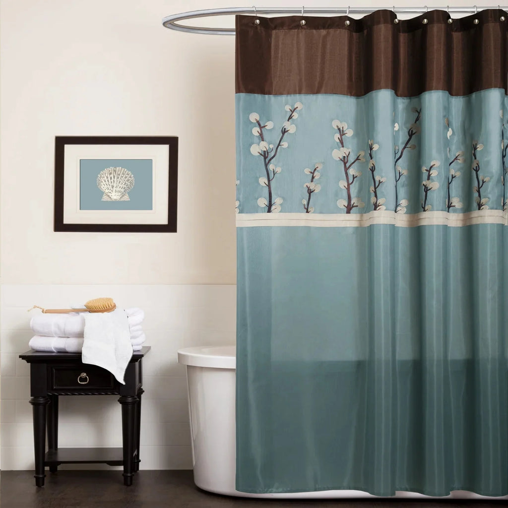 Cocoa Flower Floral Shower Curtain, 72x72, Blue/Brown Z5524