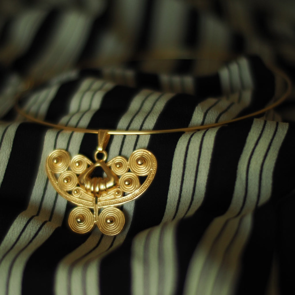 24k Gold Plated Omega Choker Necklace with Butterfly Pendant D2853