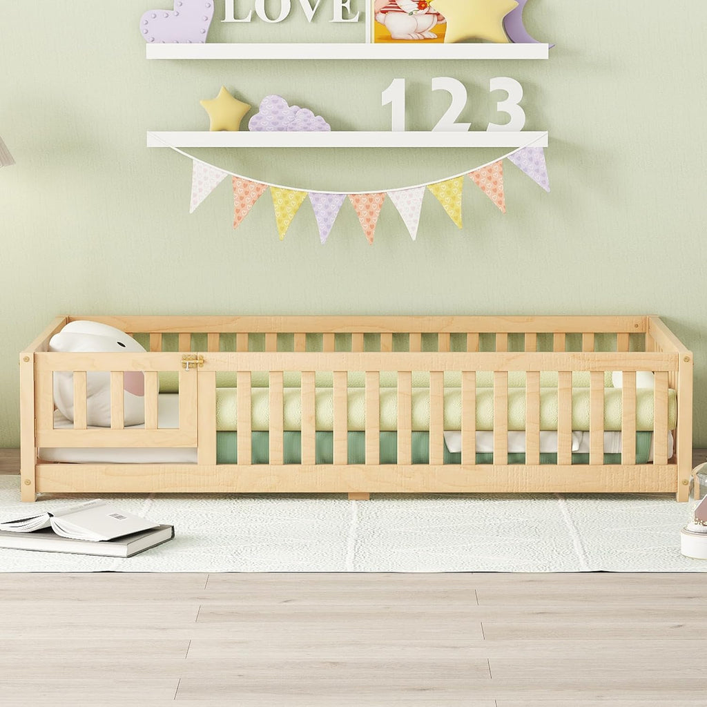 Natural Twin Size Floor Bed with Door and Fence Q9008