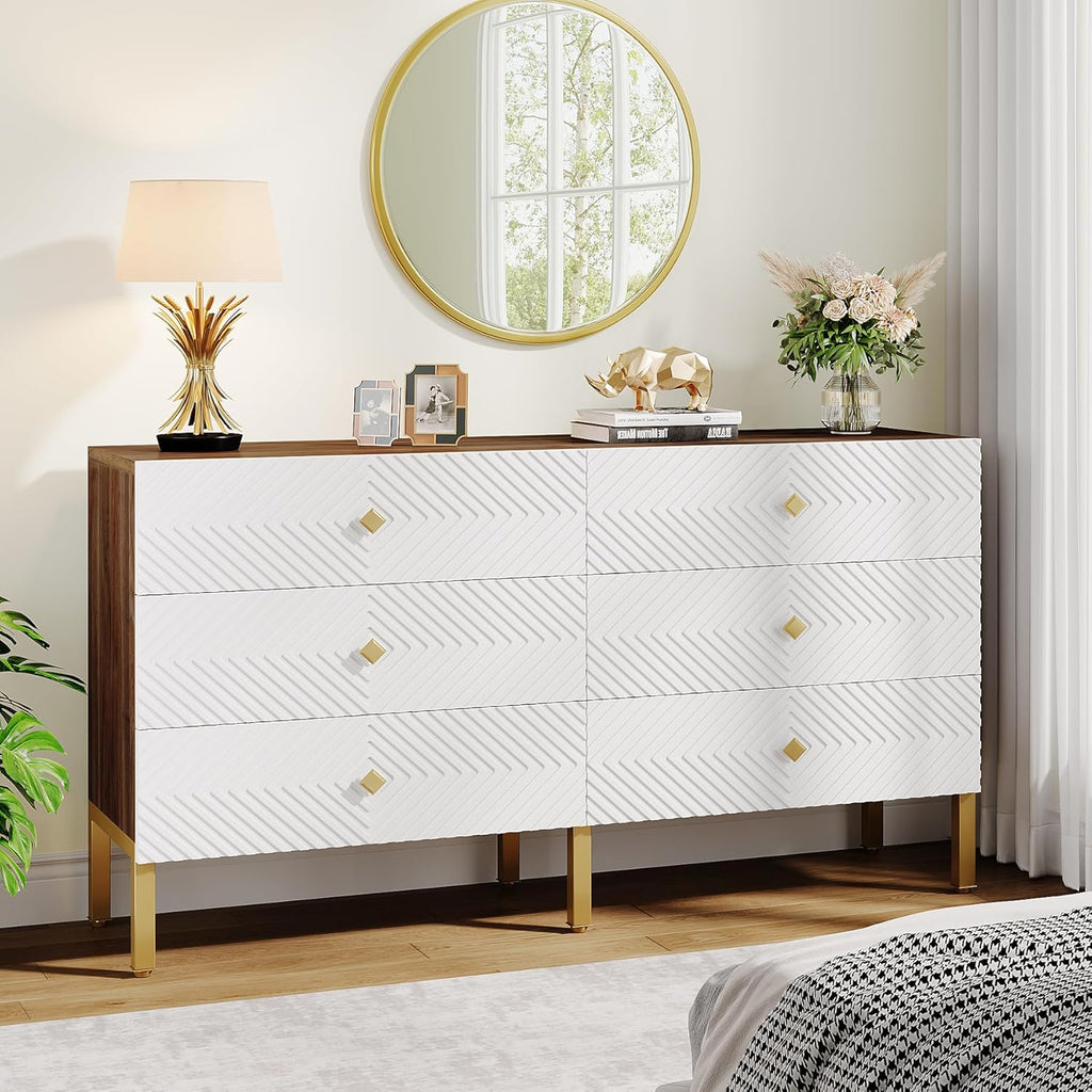 6-Drawer Double Wide Wood Dresser with Gold Legs and Handles, White & Brown K816551