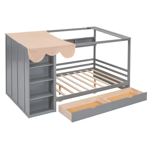 Twin Size Solid Wood House Bed with 2 Drawers and Shelves R593