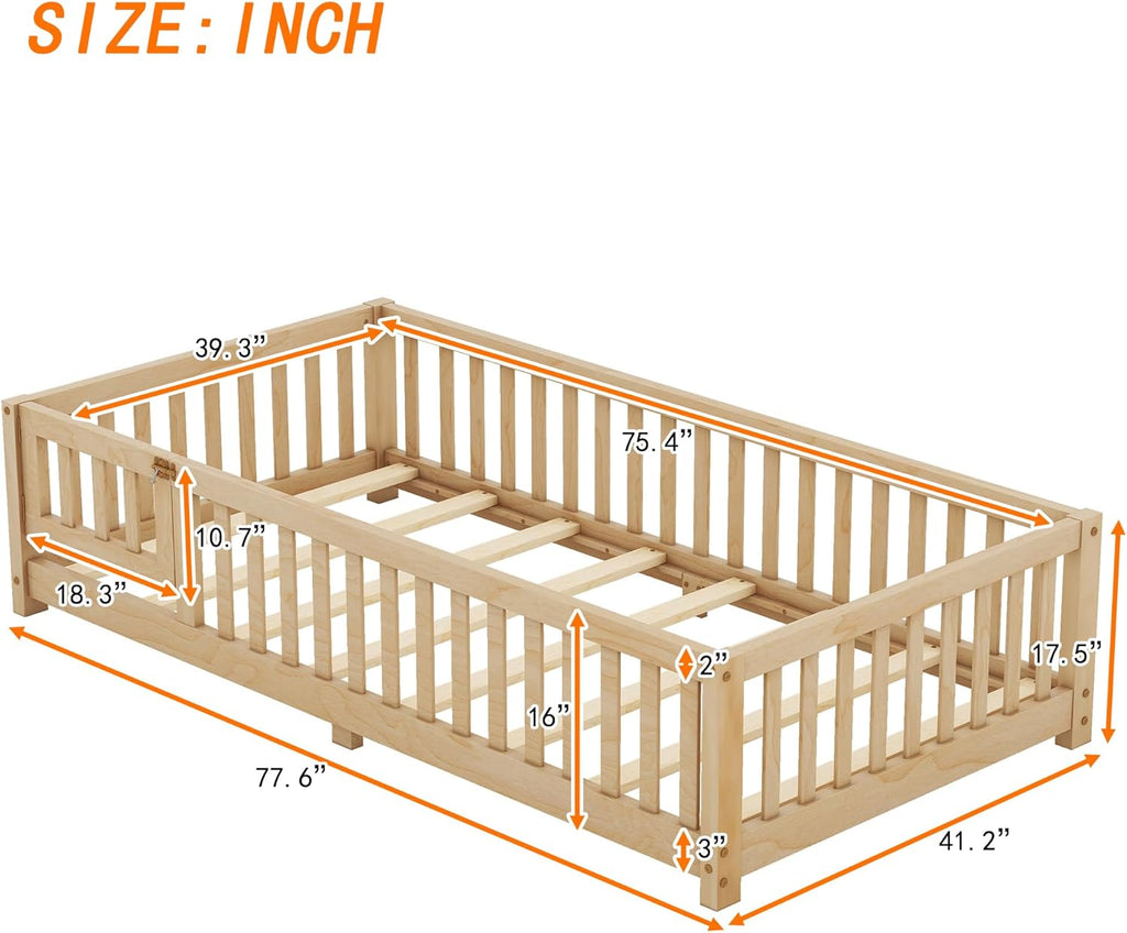 Natural Twin Size Floor Bed with Door and Fence Q9008