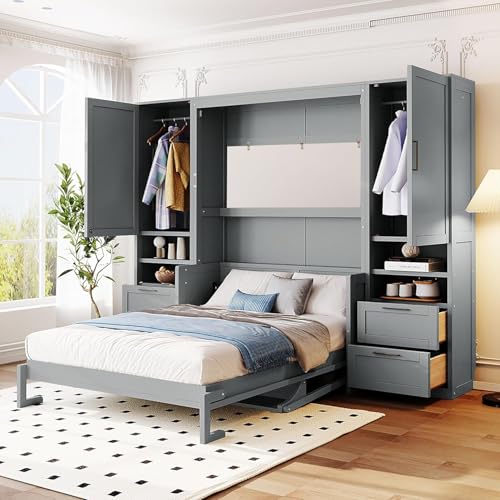 Full White Wood Murphy Bed with Desk and Storage W6851