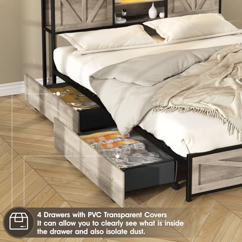 Queen Size Bed Frame with 4 Drawers LED Light and Headboard Storage Shelves, Wash Grey X412355