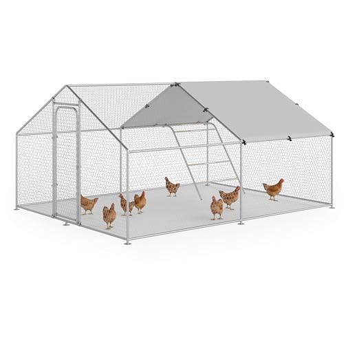 Large Metal Chicken Coop Walk-in Poultry Cage with Waterproof and UV-Resistant Cover, Outdoor Chicken Run Poultry Hen House, Spire Roof (10’ W x 13.2’ L x 6.4’ H) B65982