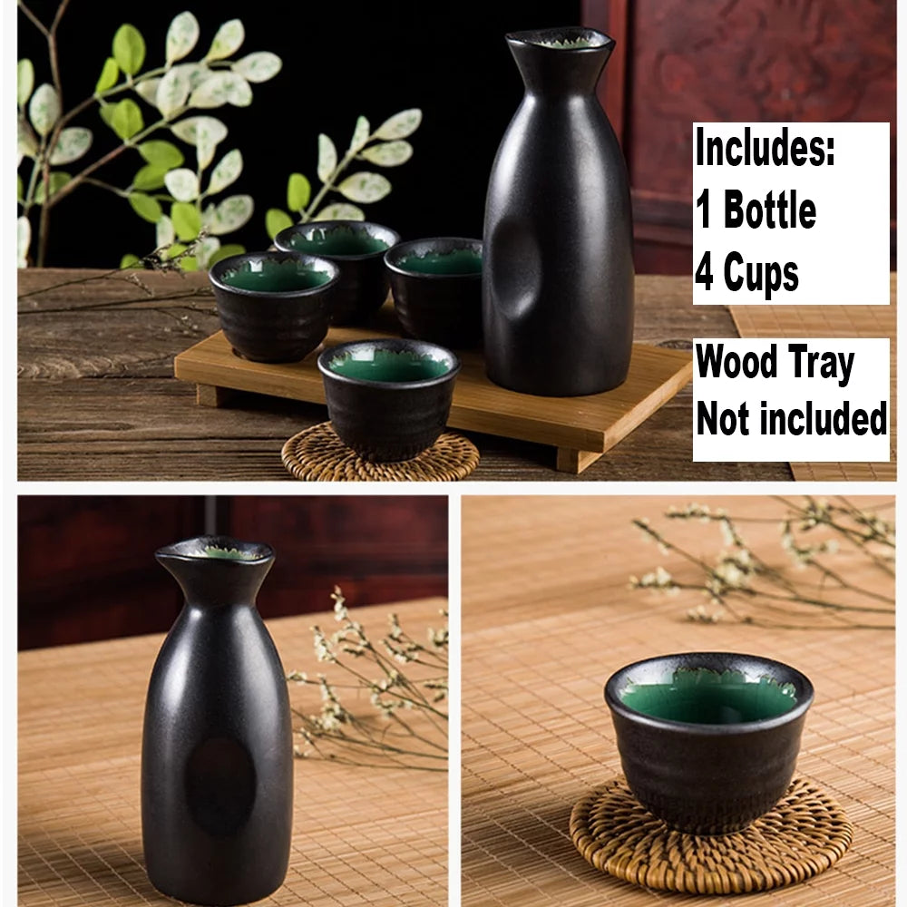 5-Piece Porcelain Ceramic Sake Set with Bottle and 4 Cups Glossy Black O708915