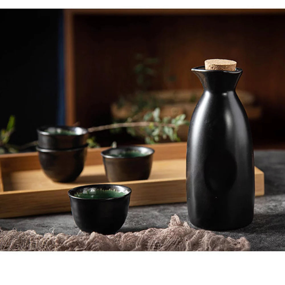 5-Piece Porcelain Ceramic Sake Set with Bottle and 4 Cups Glossy Black O708915