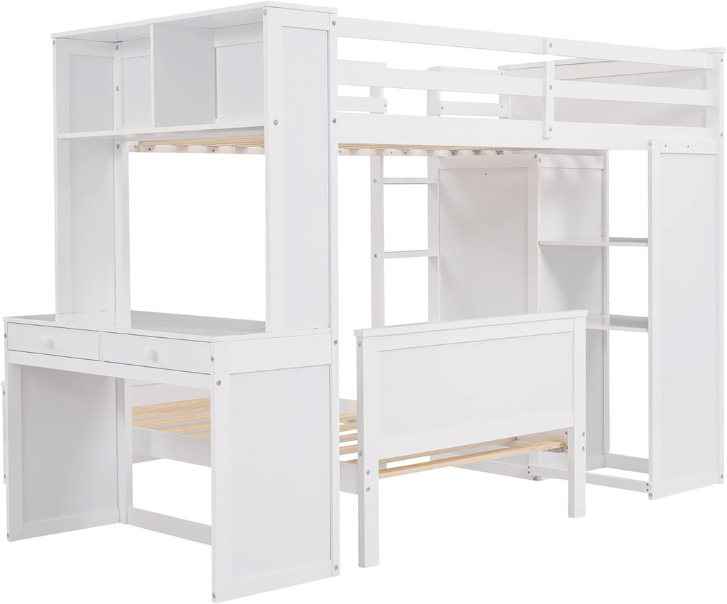 White Twin Wooden Bunk Loft Bed with Shelves Desk and Wardrobe M64287