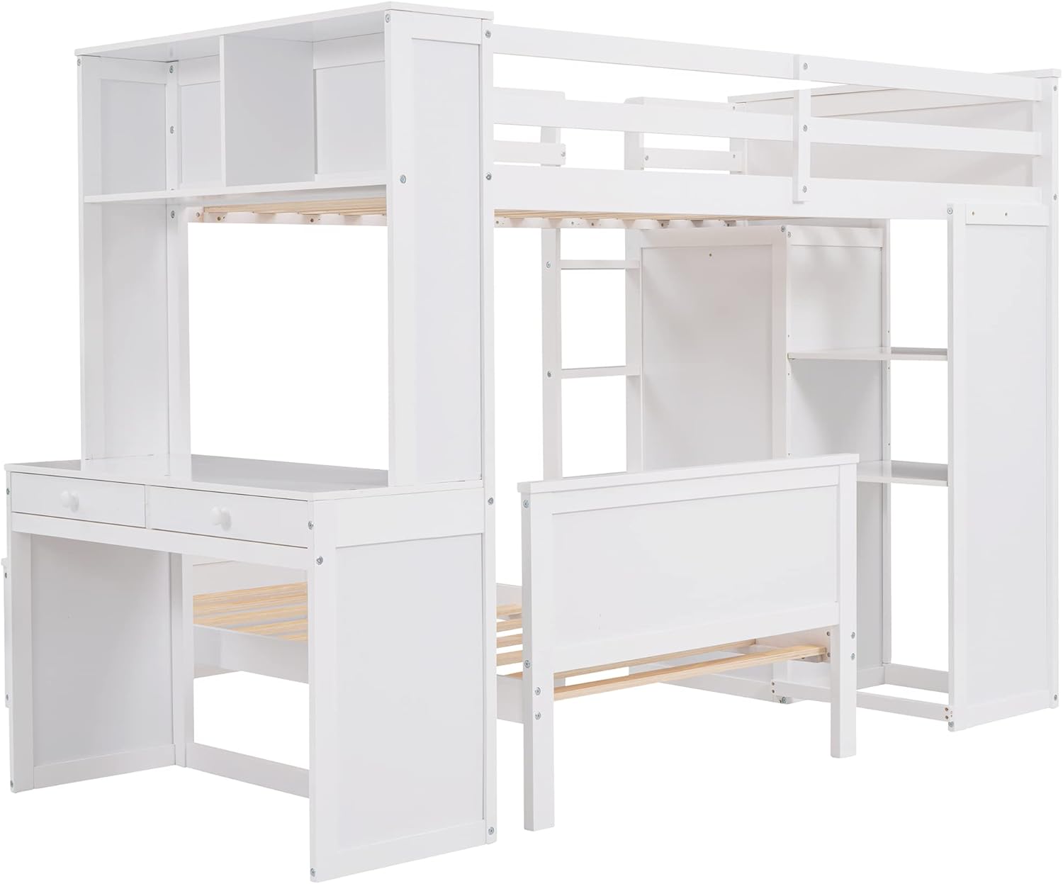 White Twin Wooden Bunk Loft Bed with Shelves Desk and Wardrobe M64287