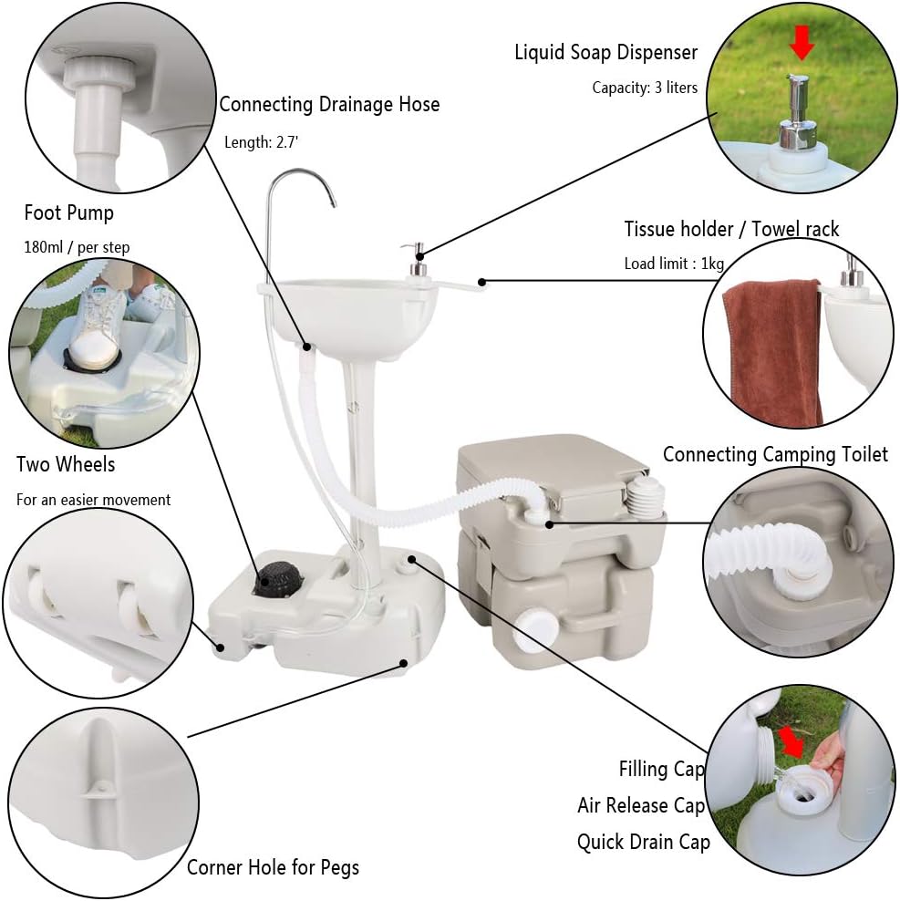 Portable Sink and Toilet Combo, 5 Gal Hand Washing Station & 5.3 Gal Flushing Toilet, Detachable E685181