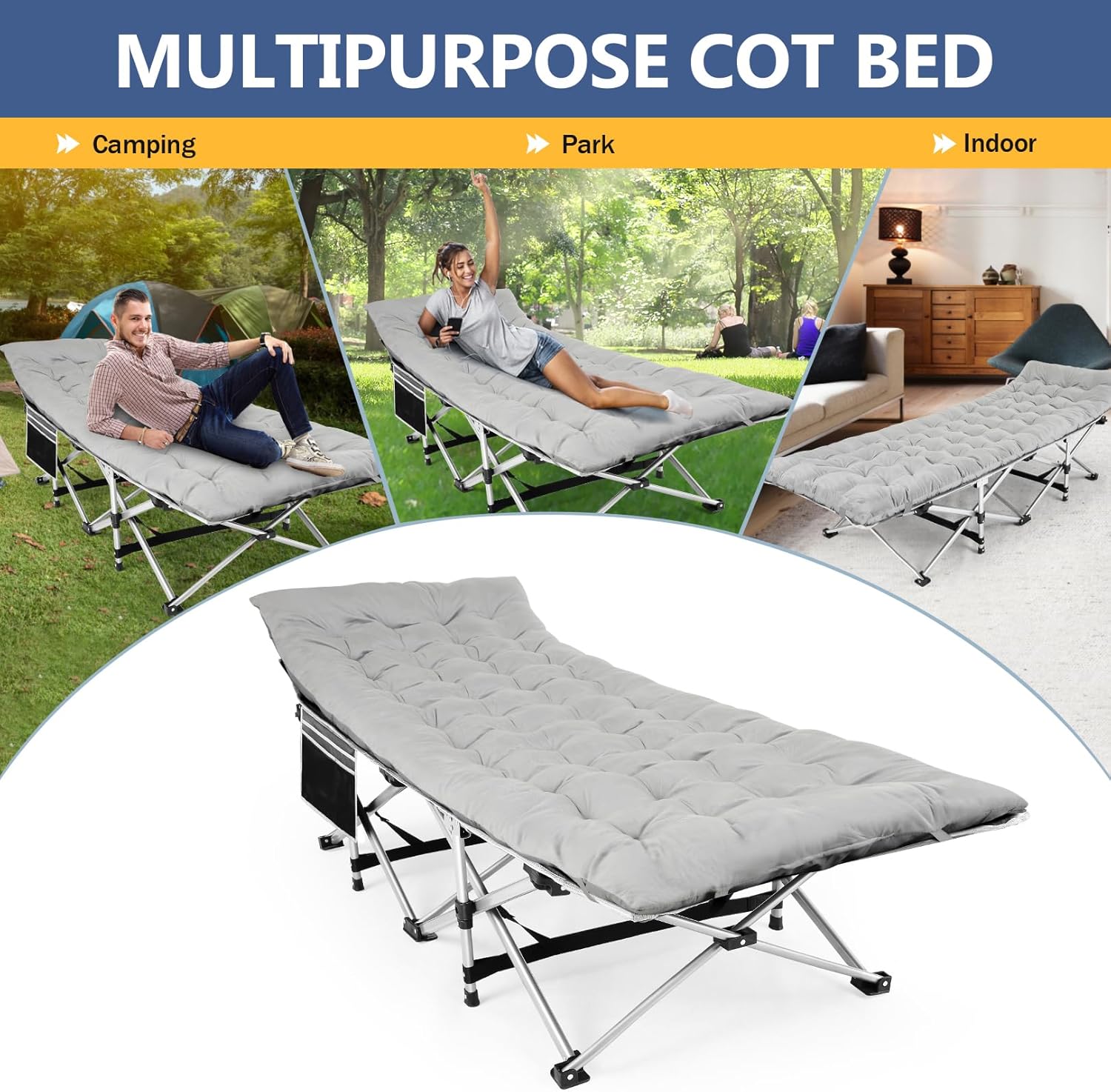 Folding Camping Cot with Carry Bag Grey V365