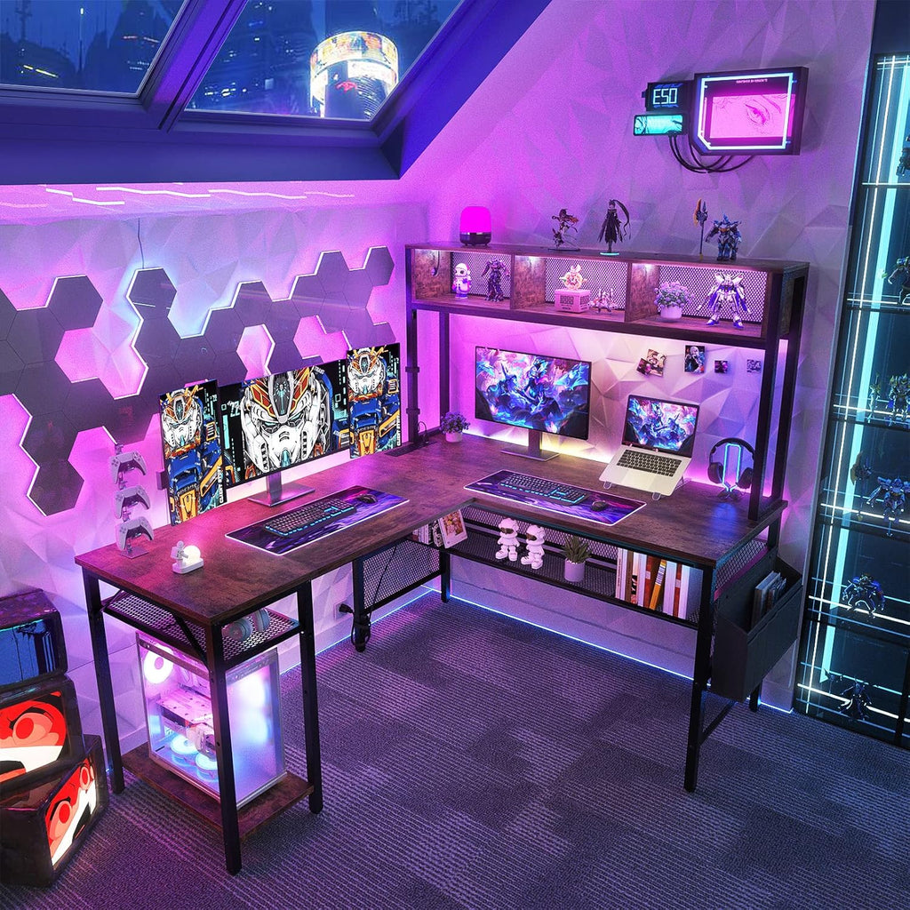55 Inch L Shaped Gaming Desk with LED Lights & Power Outlets, Rustic Brown U62040