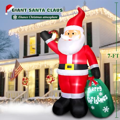 7 FT Christmas Inflatable Santa Claus with Green Gift Bag A356