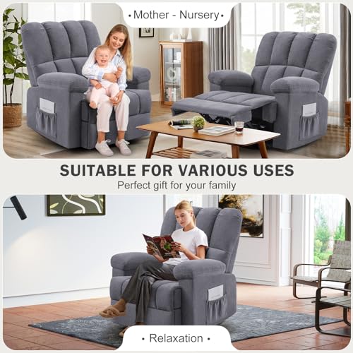 Oversized Chenille Swivel Rocker Recliner Chair, Grey C834326