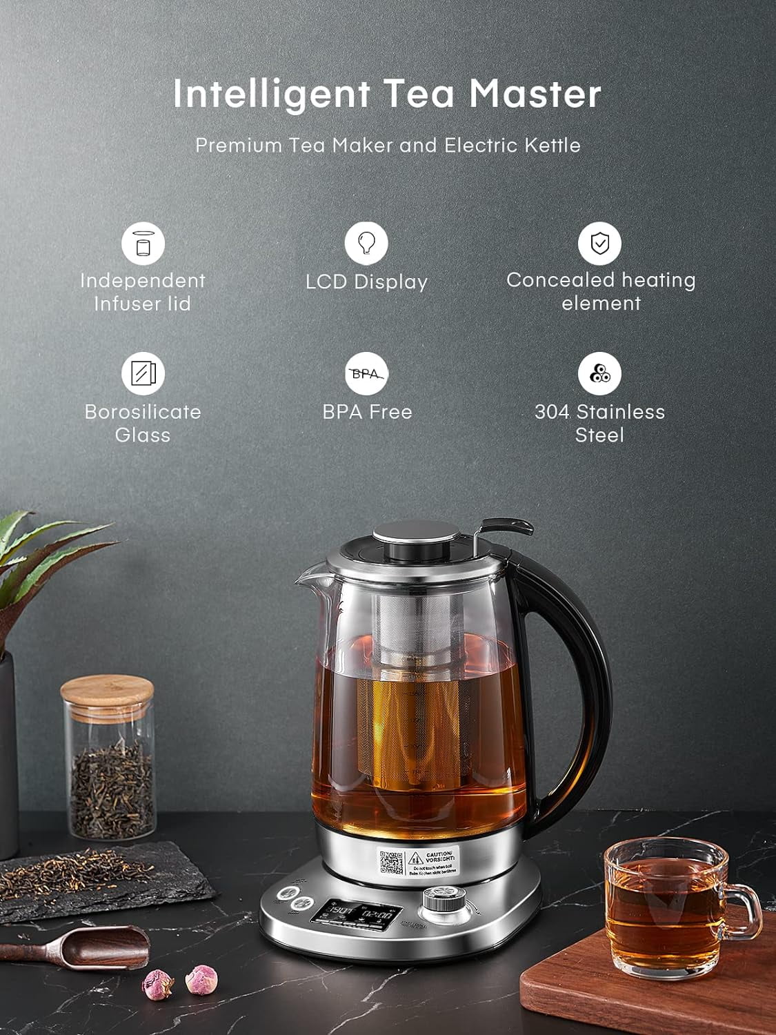 1.7L Borosilicate Glass Electric Tea Kettle with Temperature Control F917464
